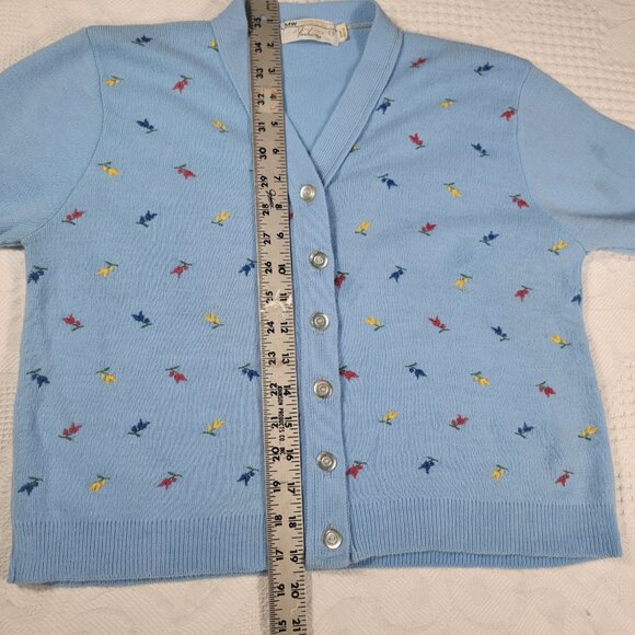 Vintage sweater short-sleeve button front cardigan with embroidery, blue medium - Picture 13 of 16